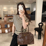 Beautiful And Beautiful Striped Slanted Shoulder Short-Sleeved T-Shirt Woman 2025 New Lazy High-End Feel On The Shoulder