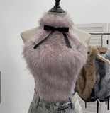 Real-Shot Bow Decorative Hair Splicing Elastic Hanging Neck Vest Outside Wearing Hairy Short Grinding Coat 2791