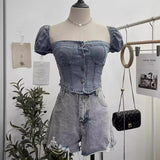 Real Shot Shoulder Bubble Short Sleeves Denim Shirt Design Hot Girl Collar Small Short Top 2530