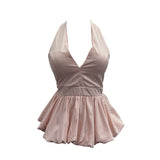 French Retro Hanging Neck Tie With Bare Back Sling Skirt Folded Short Sleeveless Top Woman 9225