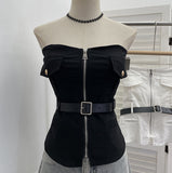 Real Shooting Hottie Zipper Open Shirt Bra Vest Female Feel Slightly Through The Repair Of The Short Sleeveless Top With Belt 6172