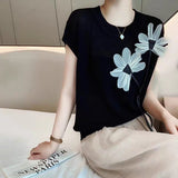 Spring And Summer New Korean Version Of The Fashion Ocean Cross-Fold Waist Fold Three-Dimensional Flowers Knitted Short-Sleeved Top