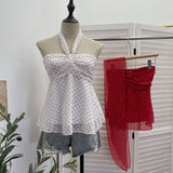 Sleeveless Shoulder-Out Braided Waistcoat Wave Chiffon With Bow Hanging Neck Sleeveless Short Top 6180