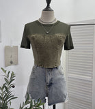 2025 Summer Denim Splicing Mesh Yarn Short-Sleeved T-Shirt Design Fake Two Hot Girl Short Top 26231
