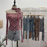 Real-Patting Mesh Lattice Letter Print Word Collar Shoulder Long-Sleeved T-Shirt Y2k Ribbon Over The Spice Girl Blouse 8072