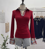 Vintage Check-In Polo Collar Spliced Long-Sleeved T-Shirt Grinder Slimy Wrinkle Bottom Shirt 1390