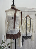 Real Shooting Two Collar Hanging Neck Ribbon Two Long-Sleeved T-Shirt Lace Splicing Chiffon Drawstring T-Shirt 1180