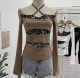 Real Shooting With Hanging Neck Leopard Print Splicing Two Long-Sleeved Tops A Short Shoulder Bottom T-Shirt 28787