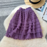 Hepburn Style Simple Solid Color Mesh Dress High Waist Tight Thin Design Careful Hot Girl Cake Skirt