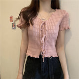 Wooden Ear Knitted Shirt V Tie With Collarbone Summer New High-Waisted Women Decorate Slim Short-Sleeved T-Shirt Tide