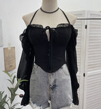 Real Shooting Explosion Two-Word Shoulder Hanging Neck Sling Shirt Irregular Horn Sleeve Chiffon Top 8873