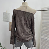 Wasteland Breeze Hot Girl Make Old Hole Star Long-Sleeved Top T-Shirt Loose Drawstring Tethered T-Shirt 6140