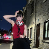 2025 Summer New Thai Retro Subculture Punk Blouse T-Shirt Design Print Sleeveless High-Collar Woman