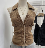 Hanging Neck V-Neck Single Buckle Denim Vest Repair Behind The Back Tight To Take A Short Sleeveless Top Lady 830
