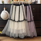 French Wave Point Mesh Splicing Layer Fluffy Skirt Women's Spring And Summer 2025 New Wooden Ear High-Waist Loose Swing Skirt