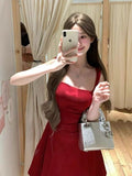 French Hepburn Style Square Tie Dress Women's Summer New Temperament Simple High-End Feeling Waist Thin Skirt