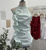 Spicy Design Sleeveless Leaves Three-Dimensional Flower Blouse Atmosphere Slimming Waist 1166