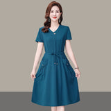Middle-Middle-Age Women 2026 Summer New Gas Dress Short-Sleeved Temperament Pure Mother Dress Tie With Thin Waist