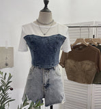 2025 Summer Denim Splicing Mesh Yarn Short-Sleeved T-Shirt Design Fake Two Hot Girl Short Top 26231