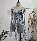 Irregular Kinking Of The Net Yarn Irregularly Kinked Lotus Lobe Slings Shoulder Horn Sleeve T-Shirt Short Top 2618