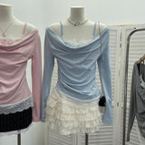 Y01 Autumn Fake Two Lace Lace Collar Folding Long Sleeves Slimming Bottom T-Shirt Blouse Female 2532