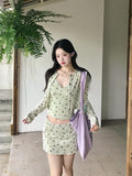Early Spring, The Beautiful Korean Wearing A Set Of Green Floral Slingge Vest Dress Set Women 2026 New