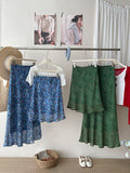 Korean Retro Blue Floral Net Yarn In The Word Skirt Women's Summer French Seaside Holiday Bag Fish Tail Half-Body Dress