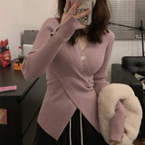 Pure Desire And Thin V-Neck Sweater Cross A4 Waist Repair Open Fork Knitted Long Sleeves Top