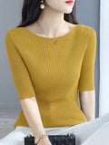High-Grade Black Shoulder Round-Neck Short-Sleeved Knitted Shirt Women's New 2026 Summer Shoulder Ice Refresher Bottom Top