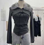 Real Shot Hair Splicing Tie With Fake Two Long-Sleeved T-Shirt Blouse Irregularly Short-Hitting Shirt23009