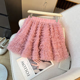 Korean Ballet Style Folding Net Linoping Half-Dress Woman Autumn 2025 High-Rise Thin A-Layer Cake Skirt