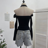 Real Shooting Hottie Hanging Neck A Word Shoulder Hair Spliced Long-Sleeved T-Shirt Draw Tie With Short Bottom Shirt 88882