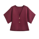 New Women's Clothing Temperament Short-Sleeved V-Neck Two-Grained Knitting Top 4192101