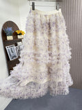 Heavy Industry Splicing Printing Net Yarn Cake Skirt Half-Dress Woman New Thin Skirt Dress Half Skirt Skirt Four Seasons