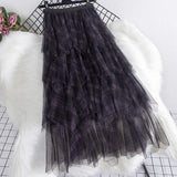 Color Lattice Irregular Multi-Layer Mesh Cake Skirt Women's Autumn And Winter New High Waist Hanging Feeling Long Half-Body Skirt