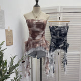 Dizzly Dyed Mesh Printing With Anti-Slip Striped Chest Vest Splicing Lace Irregular Ribbon Belt 7231