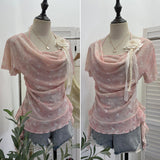Hanging Neck Tie Fake Two Short-Sleeved T-Shirt Three-Dimensional Flower Folding Irregular Lotus Leaf Side Top Lady 1203
