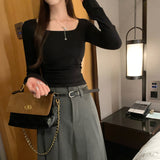 Korean Folded Waist Collar Long-Sleeved T-Shirt Women Commute Early Autumn New Unique Beautiful Short Top