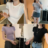 Round Collar Shoulder Short-Sleeved T-Shirt Women's Summer 2025 New Slimming Fish Bone Line Short-Hitting Shirt