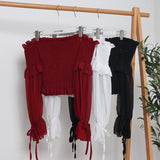 One-Word Collar Shoulder Chiffon Shirt Niche Design Loose Folds Short-Sleeved Collared Billed Ears Long-Sleeved Belt Coat