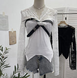 Real Shooting Babes V-Neck Lace Lace Splicing Belt Long Sleeve Design Irregular Short Bottom Top 2752