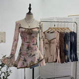 Spring And Summer New French Style Tie Dyed Horn Long-Sleeved Lace Side Design T-Shirt 9980
