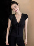 Black Lace V-Neck Short-Sleeved T-Shirt For Girls Summer New Sweet Hottie Beautiful Short Blouse