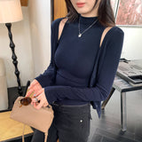 Small High-Neckless Sleeveless Vest V-Neck Cardigan T-Shirt Two Sets Of Women's Autumn And Winter 2025 New Explosive Top