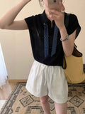 Grey Short-Sleeved T-Shirt Women 2026 New Summer Loose Ribbon Polo Shirt Temperament Thin Ribbon Knitting Top