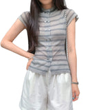 Beautiful Single Wear Double Buckle Striped Knitted Short-Sleeved Women's Summer 2026 New Old Money Style Style Open Shirt Thin Top