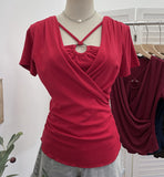 Real Shooting Cross-Design Hanging Neck Beads Folded Emptiness T-Shirts For Women's Sense Of Fake Two-Piece Top 27671