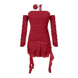 2025 New Mesh Design Sexy Thoracic Dress Woman Bodyd Long-Sleeved Leaves Wrapped In Chest Skirt Wrinkles