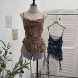 Real Shoot Spice Girl Swing Network Yarn Print Sling Vest Retivating Lotus Leaf Side Ribbon Short Top 1210
