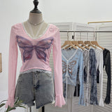Solid Shot Micro-Permeable Mesh Butterfly Print Splicing Lace Hanging Neck Horn Long-Sleeved T-Shirt Repair Short Top 1286